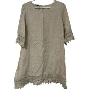 Stella Rosa 100% Linen Dress Crochet Lace Trim Women Size M Lagenlook Italy